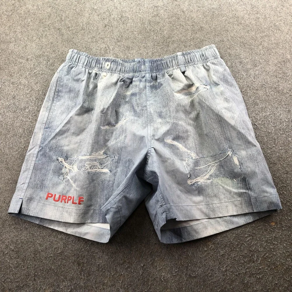 Purple Brand Swim Trunks Mens Medium Blue Distressed Denim Mesh Lined Shorts